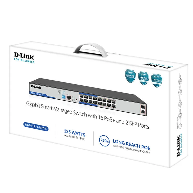 D-Link DGS-F1210-18PS-E 16-port Gigabit Long Range 250m PoE+ Smart Switch