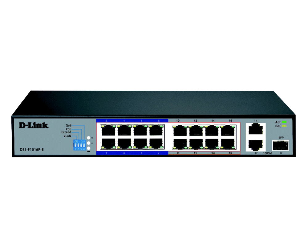D-Link DES-F1016P-E 16-port Fast Ethernet Unmanaged Long Range 250m PoE